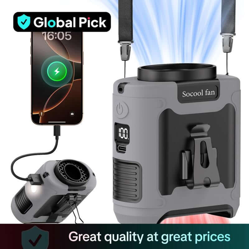 Portable rechargeable fan with phone charging feature, designed for convenience and outdoor use.